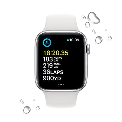 Apple Watch SE GPS 44mm Silver Aluminum Case w White Sport Band - M/L (2022)