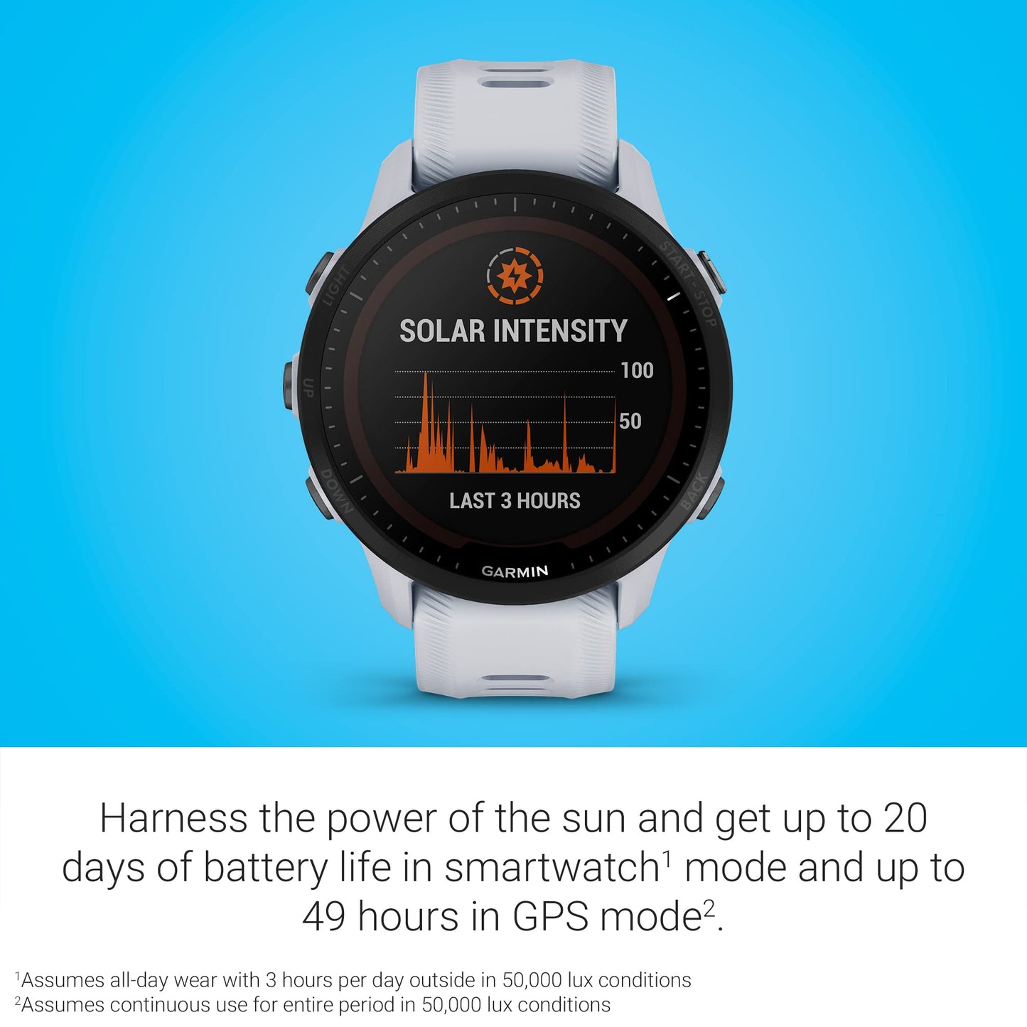 Garmin Forerunner® 955 Solar, GPS Running Smartwatch with Solar Charging Capabilities, Whitestone