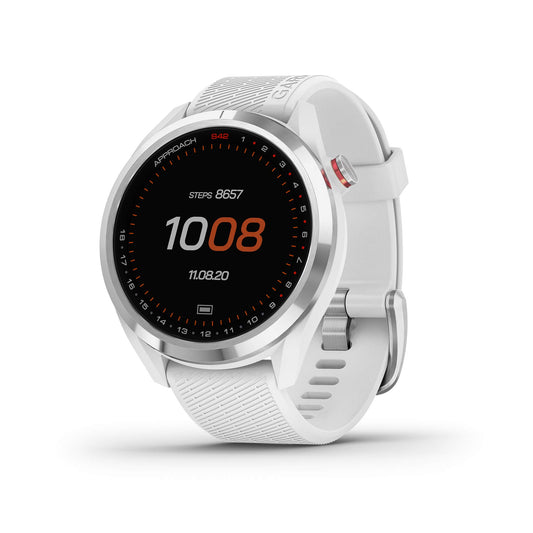 Garmin Approach S42, GPS Golf Smartwatch, Silver Ceramic Bezel and White Silicone Band, 010-02572-11