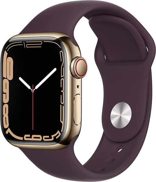 Apple Watch Series 7 GPS + Cellular, 41mm Gold Stainless Steel Case with Dark Cherry Sport Band