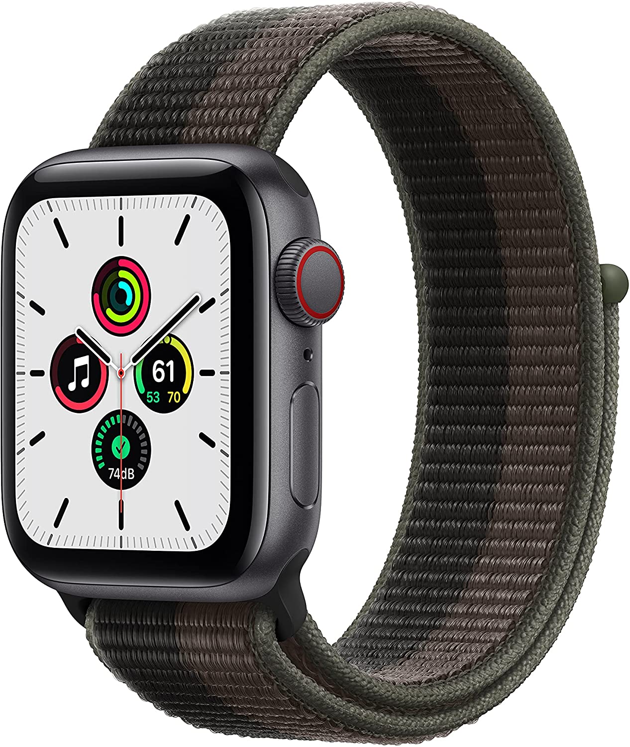 (Open Box) Apple Watch SE GPS + Cellular, 40mm Space Gray Aluminum Case with Tornado/Gray Sport Loop