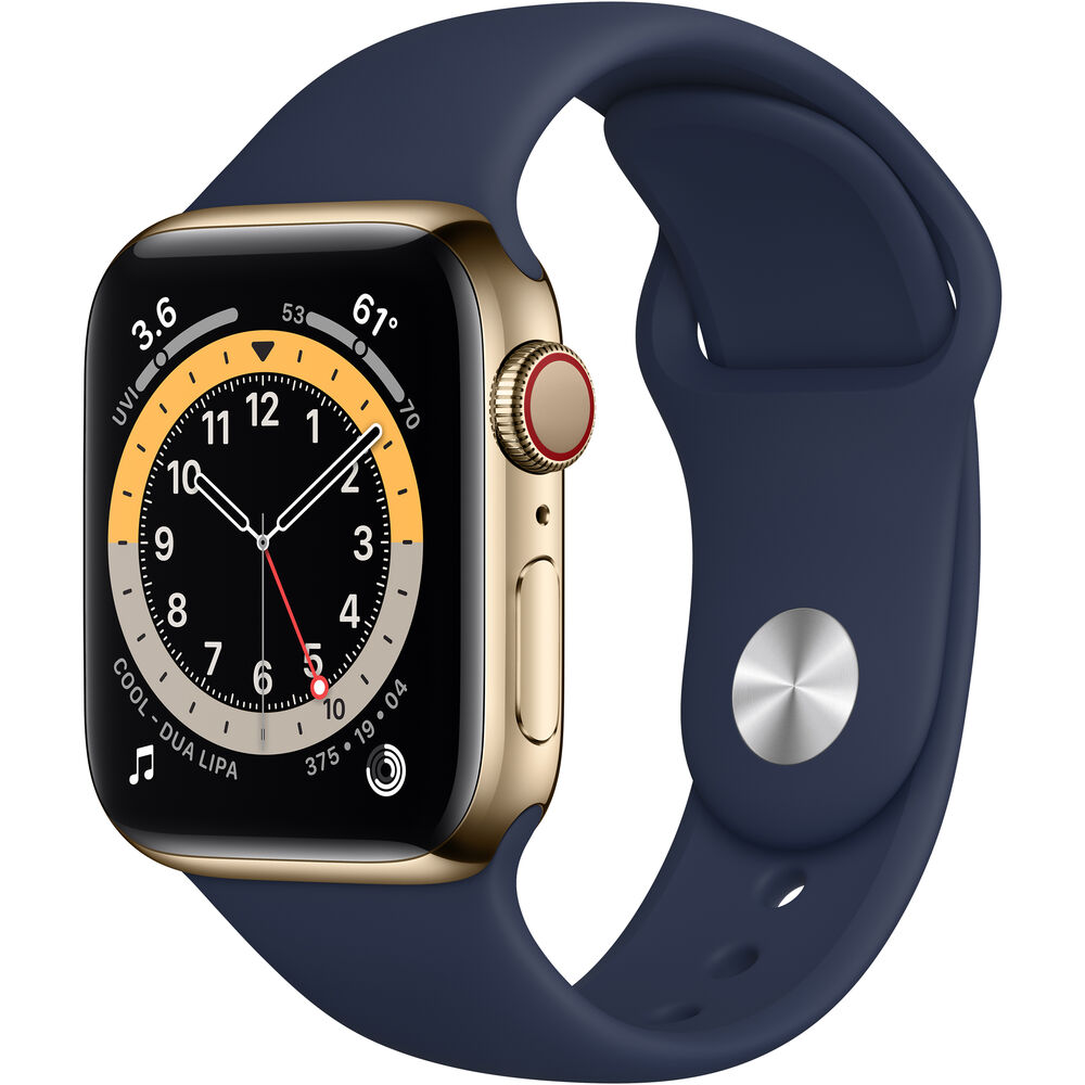 Apple Apple Watch Series 6 GPS + Cellular, 40mm Gold Stainless Steel Case with Deep Navy Sport Band MJXK3LL/A (Spring 2021)