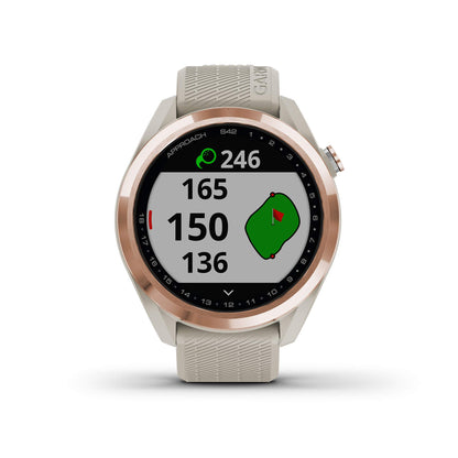Garmin Approach S42, GPS Golf Smartwatch, Rose Gold Ceramic Bezel and Tan Silicone Band, 010-02572-12