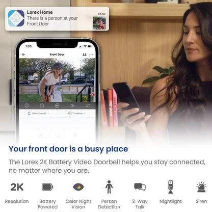 Lorex 2K Wi-Fi Video Doorbell (Battery-Operated, 32GB) Black