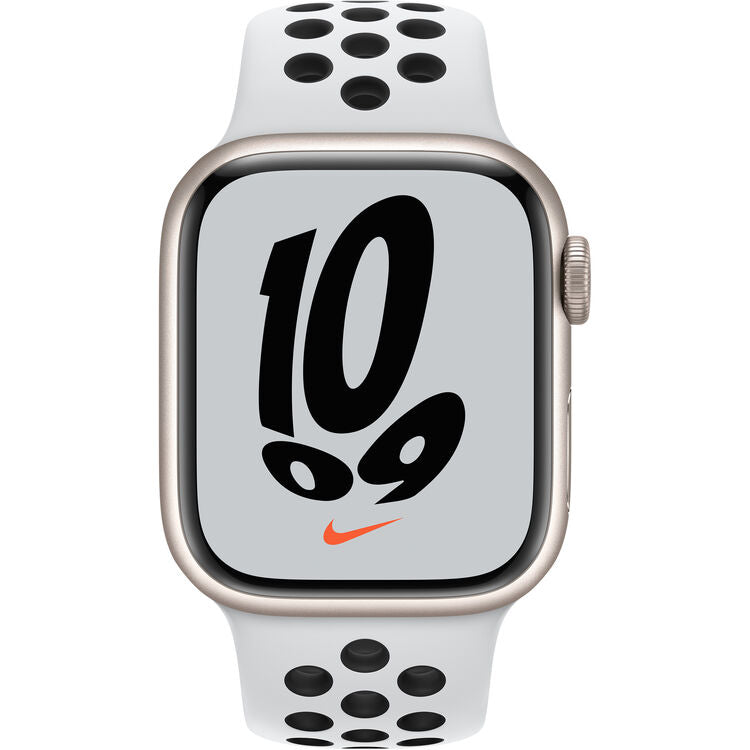 (Open Box) Apple Watch Nike Series 7 GPS, 41mm Starlight Aluminum Case with Pure Platinum/Black Nike Sport Band-MKN33LL/A