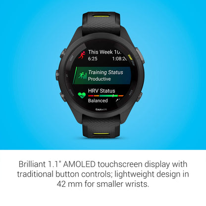 Garmin Forerunner 265S Running Smartwatch, Black and Amp Yellow, 42 mm