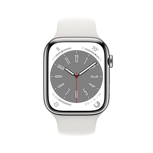 Apple Watch Series 8 GPS + Cellular 45mm Silver Stainless Steel Case w White Sport Band - M/L (2022)