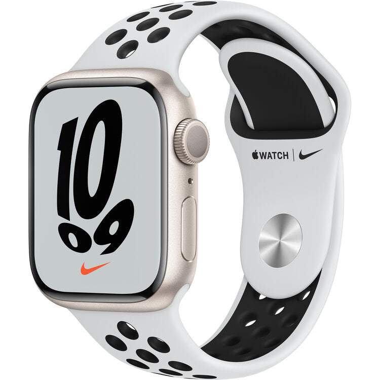 Apple Watch Nike Series 7 GPS, 41mm Starlight Aluminum Case with Pure Platinum/Black Nike Sport Band
