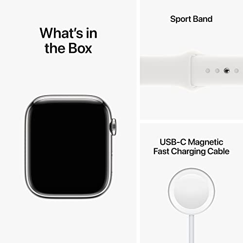 (Open Box) Apple Watch Series 8 GPS + Cellular 45mm Silver Stainless Steel Case w White Sport Band - M/L (2022)