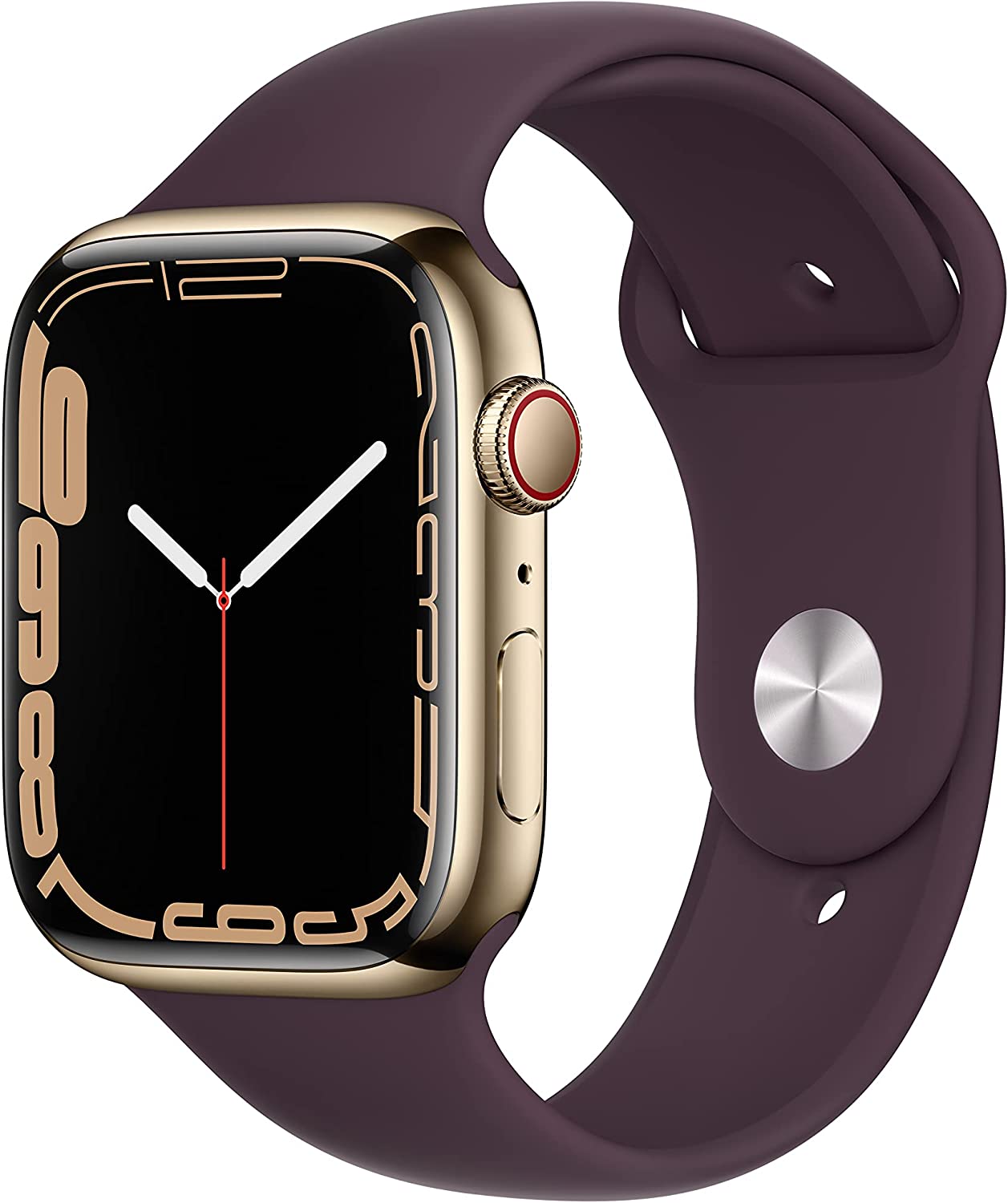 Apple Watch Series 7 GPS + Cellular, 45mm Gold Stainless Steel Case with Dark Cherry Sport Band