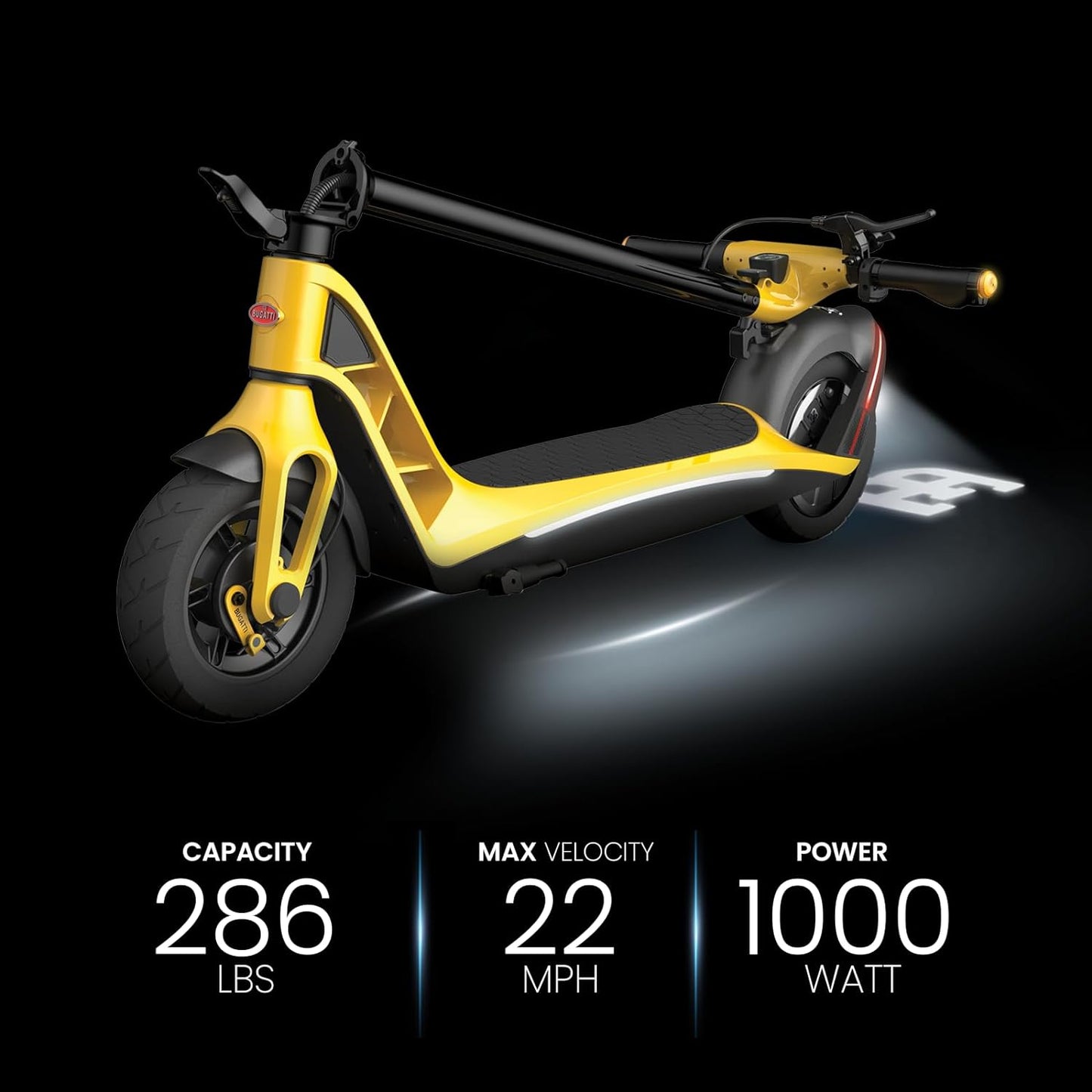 Bugatti 10.0 Electric Scooter - 22mph, 37 Mile Range, 10-in Wheels - Yellow