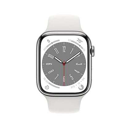 Apple Watch Series 8 GPS + Cellular 45mm Silver Stainless Steel Case w White Sport Band - S/M (2022)