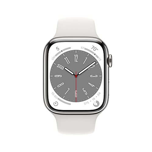 Apple Watch Series 8 GPS + Cellular 45mm Silver Stainless Steel Case w White Sport Band - S/M (2022)