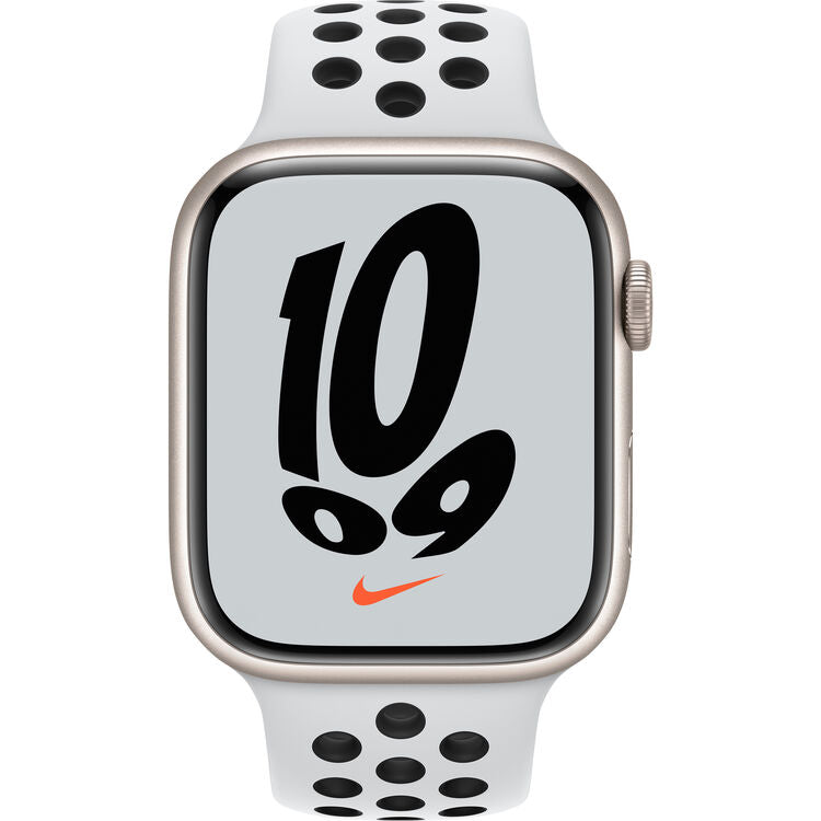 Apple Watch Nike Series 7 GPS + Cellular, 45mm Starlight Aluminum Case with Pure Platinum/Black Nike Sport Band