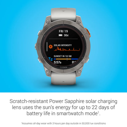 Garmin fēnix 7 Pro Sapphire Solar, Multisport GPS Smartwatch, Built-in Flashlight, Solar Charging Capability, Fog Gray/Ember Orange