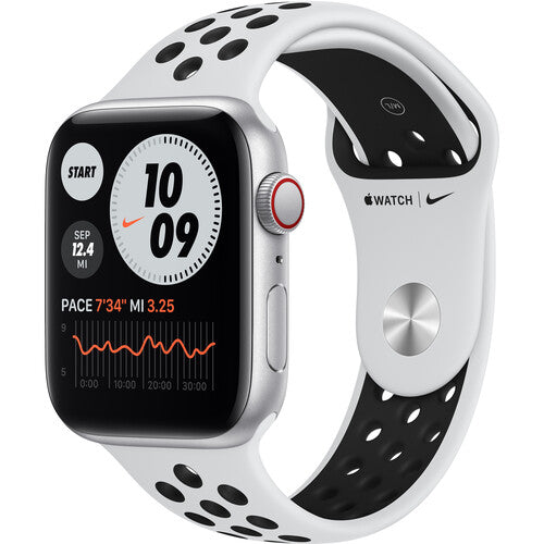 Apple Watch Nike SE GPS + Cellular, 44mm Silver Aluminum with Pure Platinum/Black Nike Sport Band