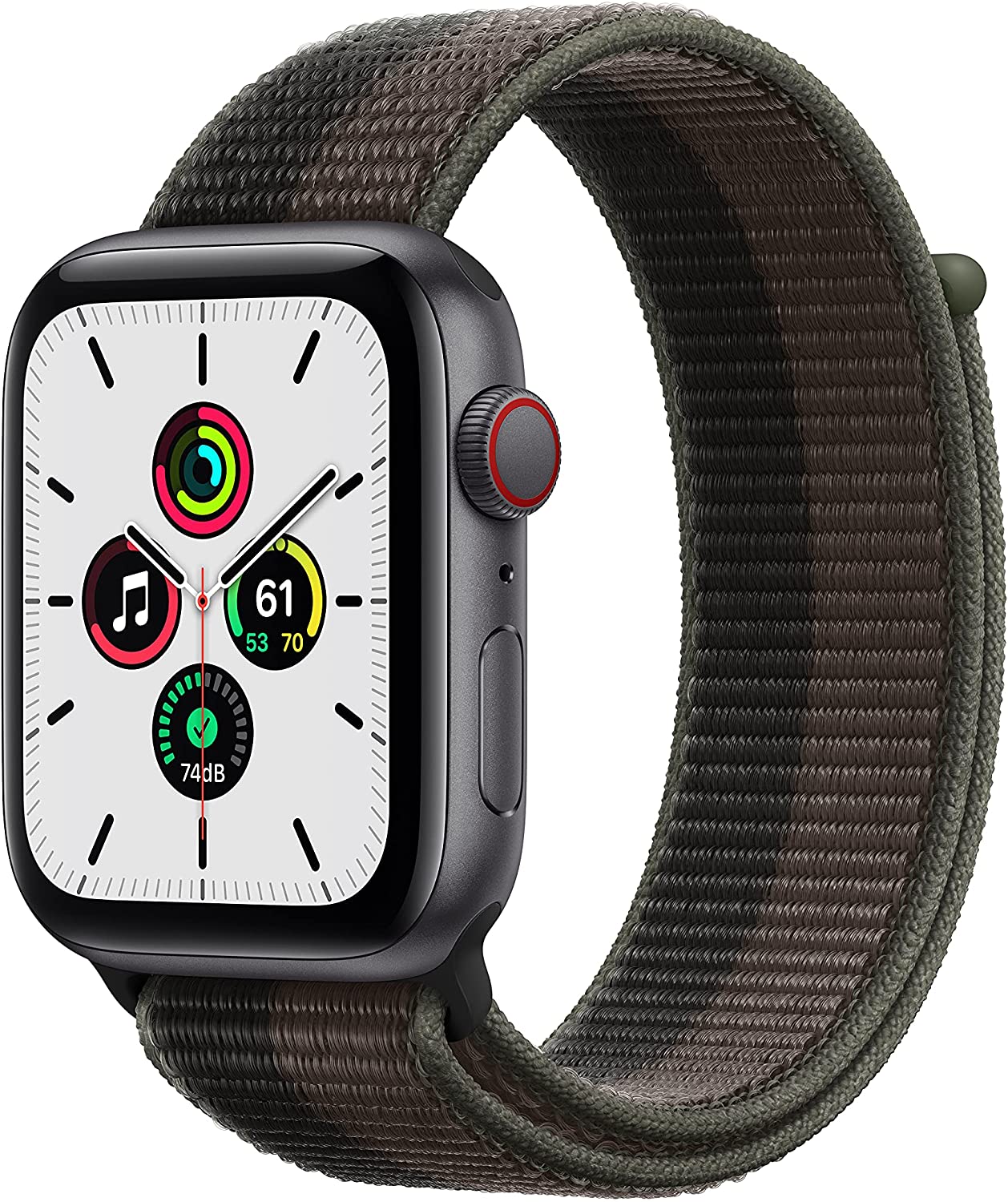 Apple Watch SE GPS + Cellular, 44mm Space Gray Aluminum Case with Tornado/Gray Sport Loop