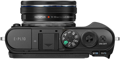 Olympus PEN E-PL10 Black Camera Body with Black M.Zuiko Digital 14-42mm F3.5-5.6 EZ Lens, Case, Cloth & SD