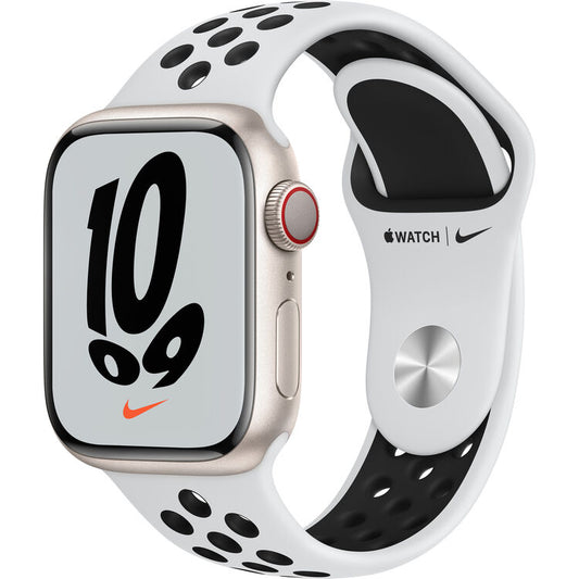 Apple Watch Nike Series 7 GPS + Cellular, 41mm Starlight Aluminum Case with Pure Platinum/Black Nike Sport Band