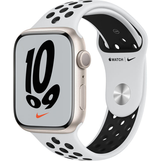 Apple Watch Nike Series 7 GPS, 45mm Starlight Aluminum Case with Pure Platinum/Black Nike Sport Band