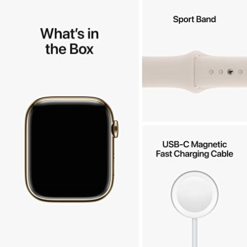 (Open Box) Apple Watch Series 8 GPS + Cellular 41mm Gold Stainless Steel Case w Starlight Sport Band - S/M (2022)