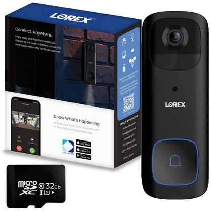 Lorex 2K Wi-Fi Video Doorbell (Battery-Operated, 32GB) Black