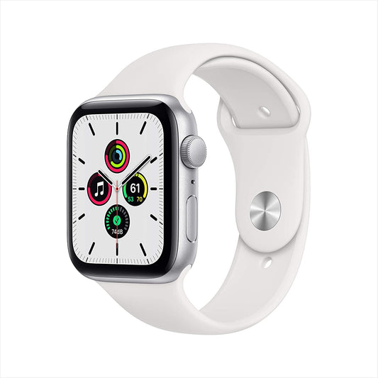 Apple Watch SE GPS, 44mm Silver Aluminum Case w White Sport Band