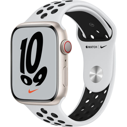 Apple Watch Nike Series 7 GPS + Cellular, 45mm Starlight Aluminum Case with Pure Platinum/Black Nike Sport Band