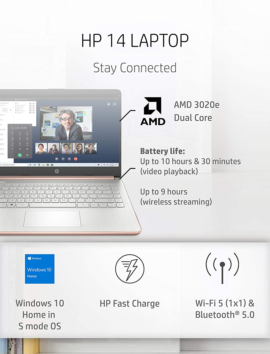 (Open Box) HP 14-fq0060nr 14" Touch 3020E 4GB RAM 64GB Windows 10 S w/ Office 365 Pale Rose Gold