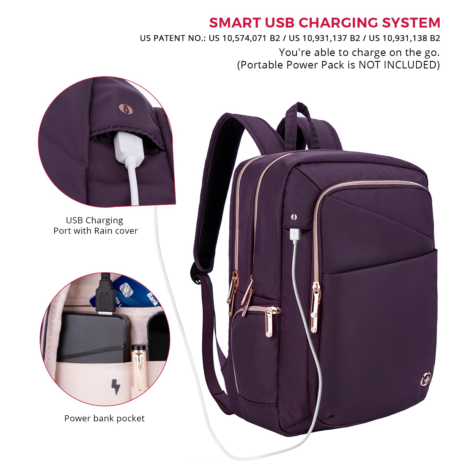 backpack with battery bank for charging laptop Swissdigital Design Katy Rose F SD1006F-46 Backpack Purple