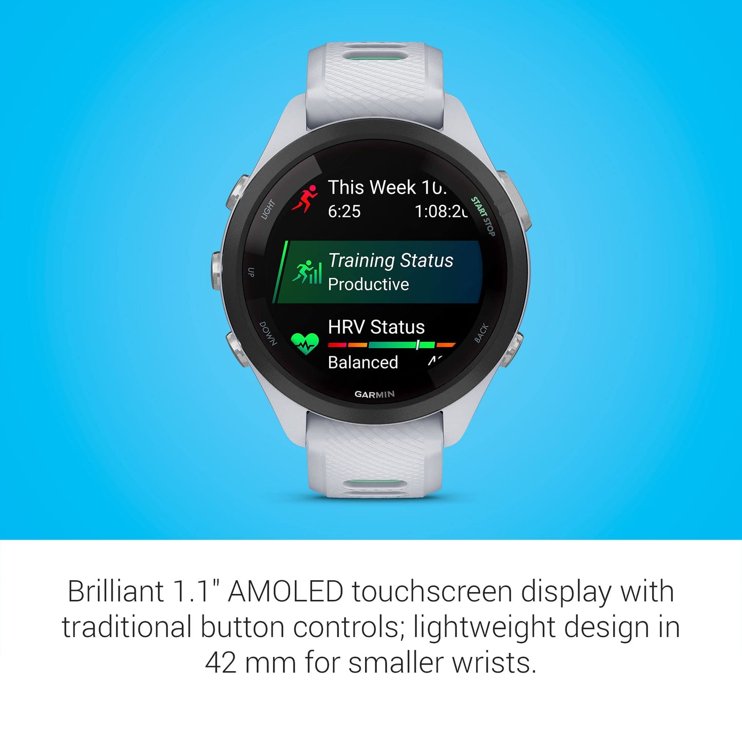 Garmin Forerunner 265S Running Smartwatch, Whitestone and Neo Tropic 42 mm