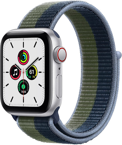 (Open Box) Apple Watch SE GPS + Cellular, 40mm Silver Aluminum Case with Abyss Blue/Moss Green Sport Loop