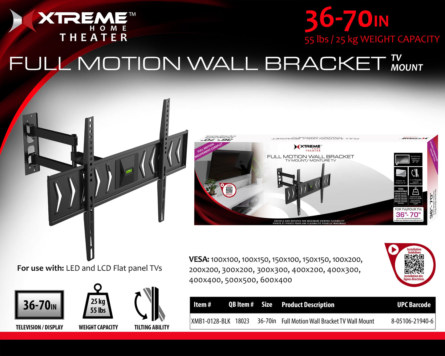 Xtreme Full Motion Wall Bracket TV Mount, 36in - 70in
